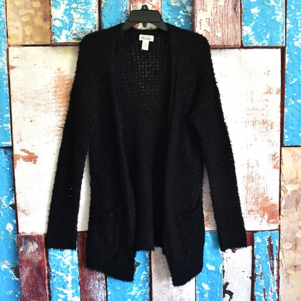 Women's Mudd Knit Open Cardigan Long Sleeve Crochet Sweater LARGE Black